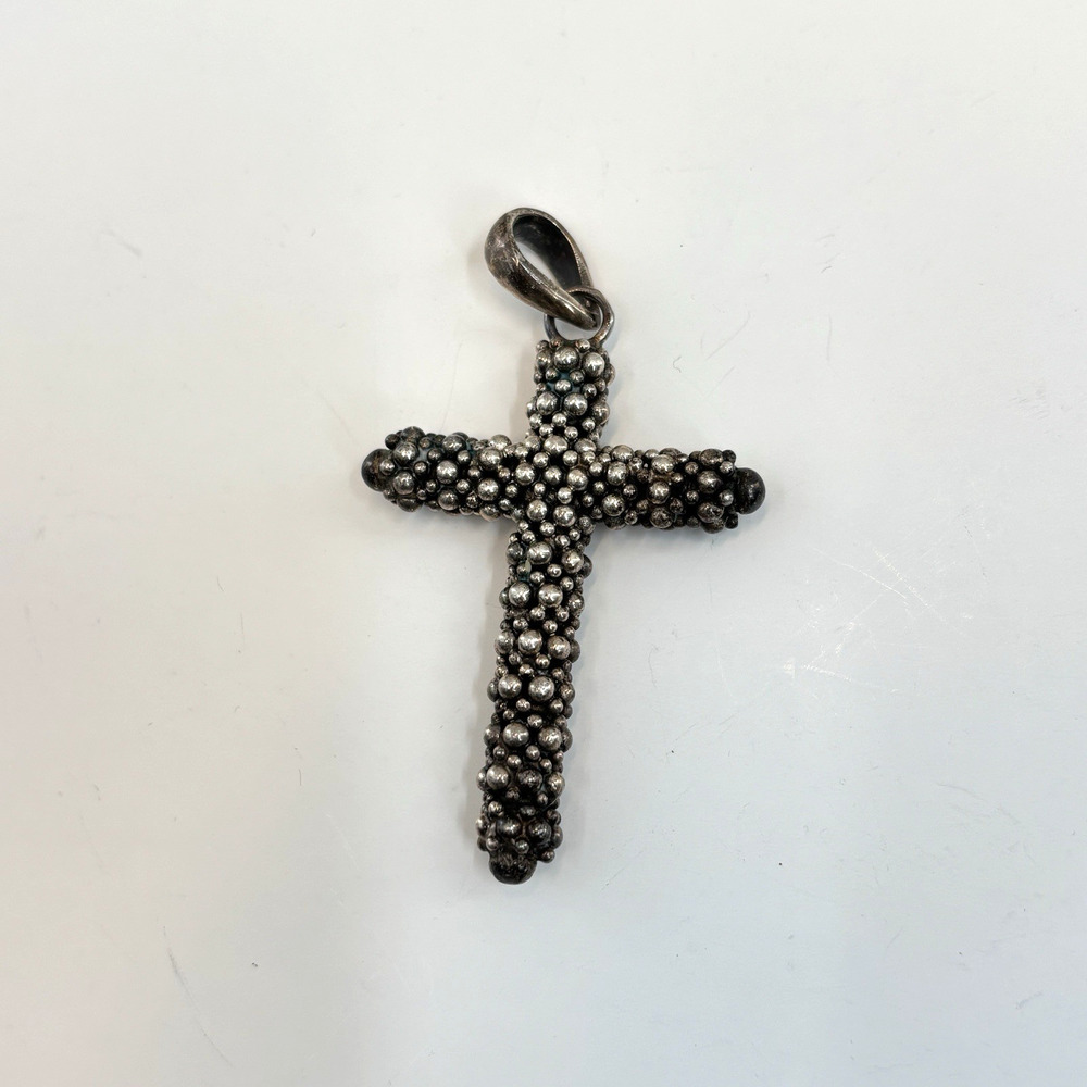 Vintage Sterling Silver Granulated Cross Pendant Beaded Artisan Religious Charm